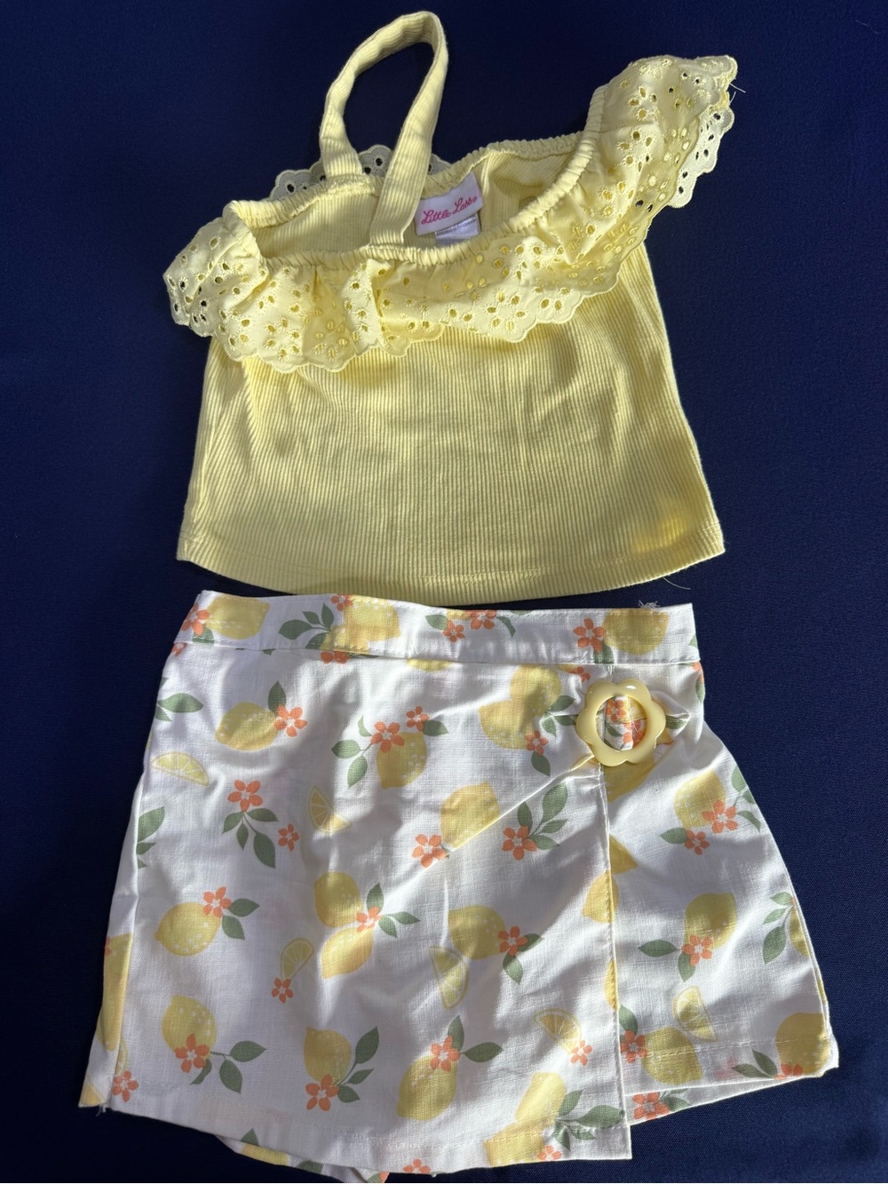 Little Lass Yellow Ruffle Tank with Lemon-Print White Skort